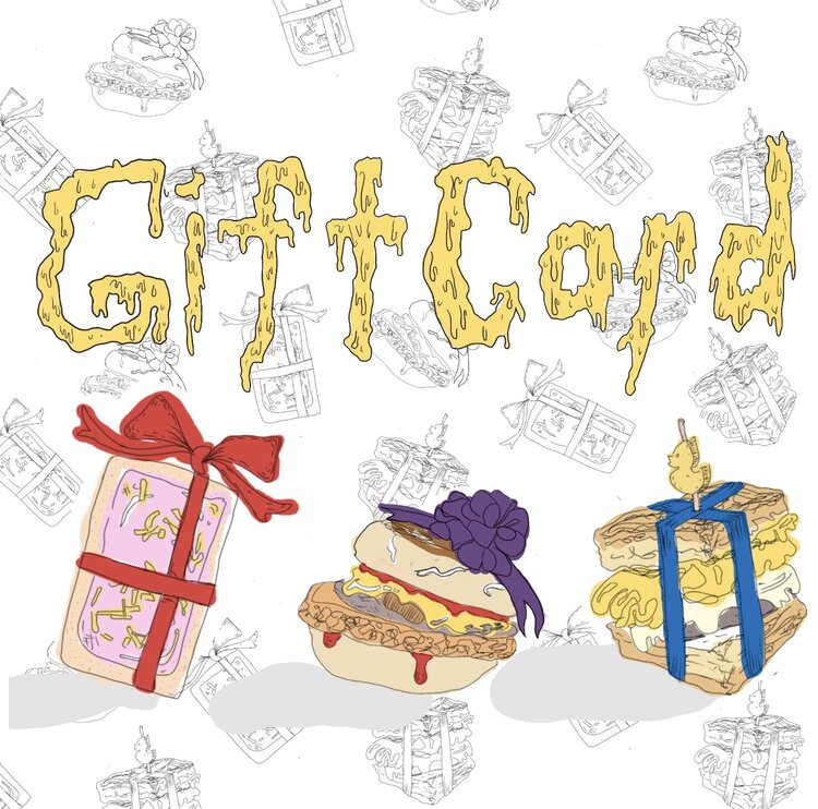 An illustrated gift card design with whimsical sandwiches and presents, and Gift Card text in decorative font.