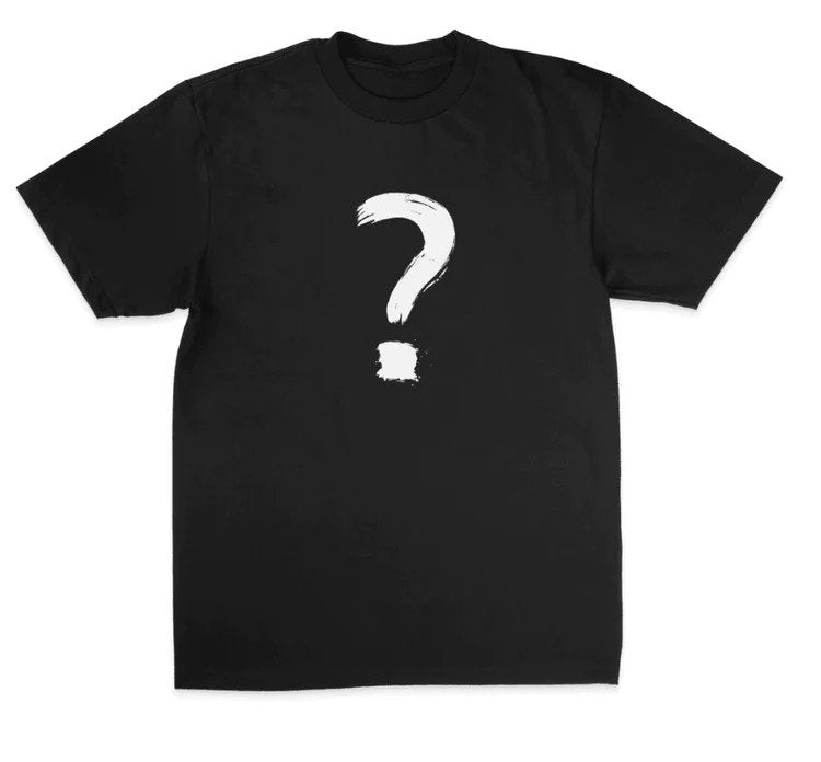 Black t-shirt with a large white question mark printed in the center.