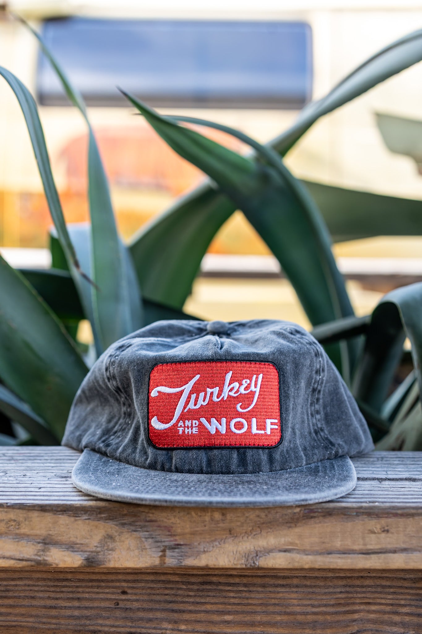 Gray cap with a red patch labeled 'Turkey and the Wolf' on a wooden surface with plants in the background.