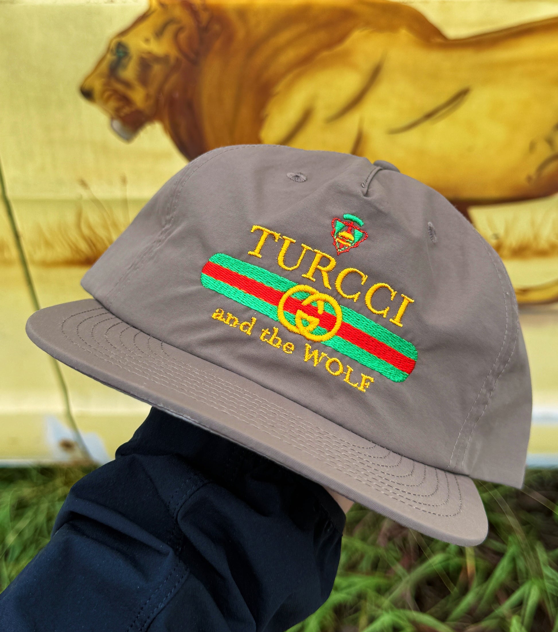 A gray flat-brim cap with embroidered 'TURCCI and the WOLF' text and a green-red-green stripe motif, held up by a person wearing a dark navy sleeve in front of a painted lion mural.