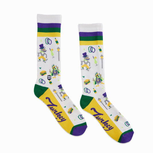 Mardi Gras socks featuring a lively cartoon character, adding a festive touch to your attire.